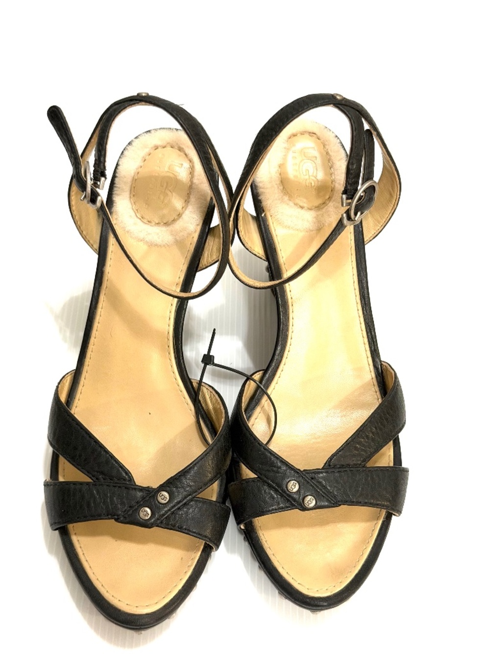 UGG Lourdes Black Leather Studded Wedge Sandals - Size  6.5